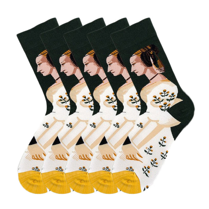 Anysox 5 Pairs Size 5-9 Fashion Socks Combed Cotton Art Abstract King and Queen Oil Painting Novelty Happy Funny Christmas Gift for Women