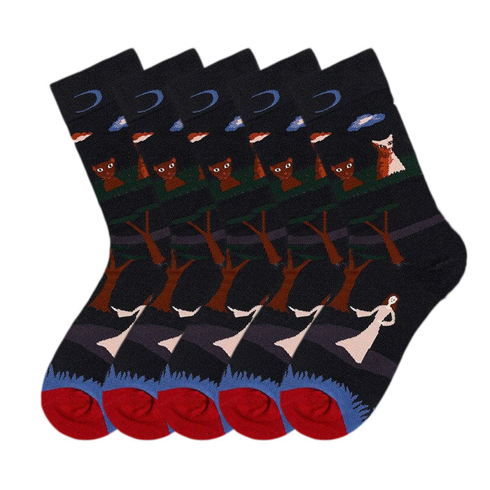 Anysox 5 Pairs Size 5-9 Fashion Socks Combed Cotton Art Abstract Forest Oil Painting Novelty Happy Funny Christmas Gift for Women