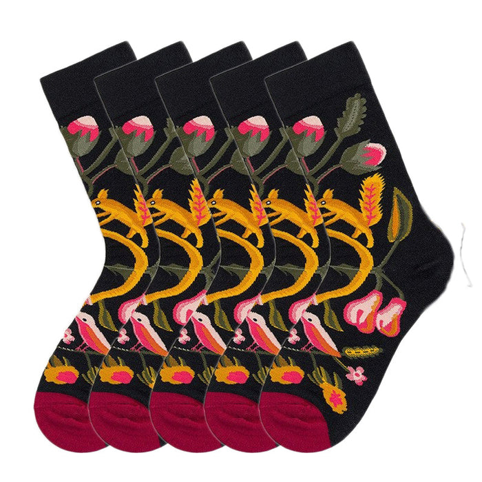 Anysox 5 Pairs Size 5-9 Fashion Socks Combed Cotton Art Abstract Fruits Oil Painting Novelty Happy Funny Christmas Gift for Women