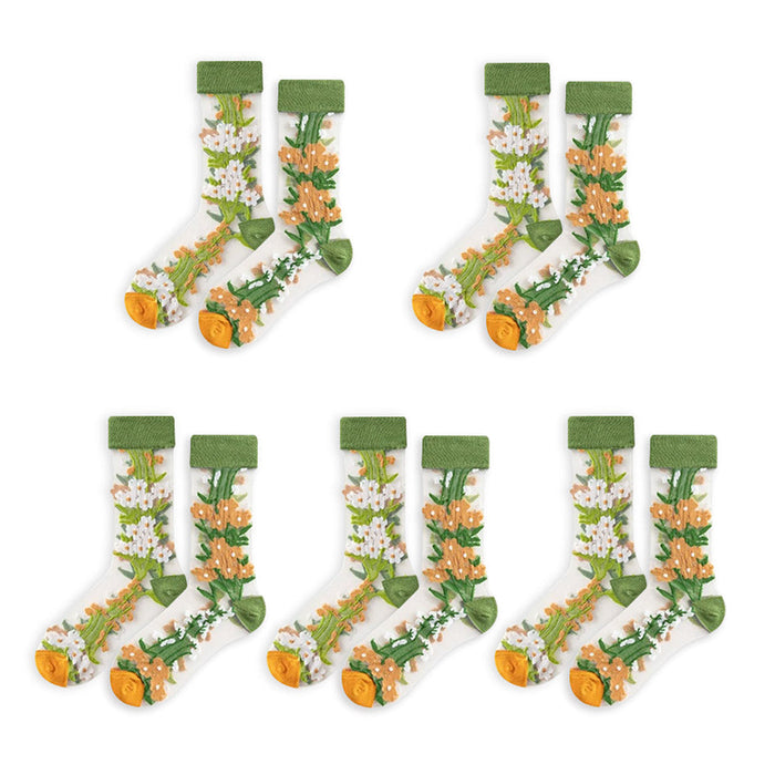 Anysox 5 Pairs Yellow Green Size 5-9 Sock Harajuku Crystal Silk Tide Socks With Flower Vines Comfortable To Wear Prefect For Women