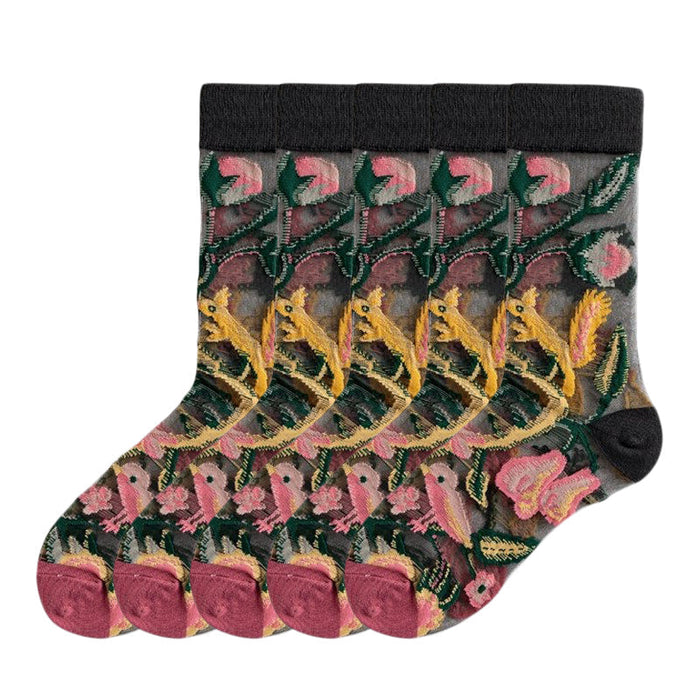 Anysox 5 Pairs Black Size 5-9 Sock Harajuku Crystal Silk Tide Socks With Flower Vines Comfortable To Wear Prefect For Women