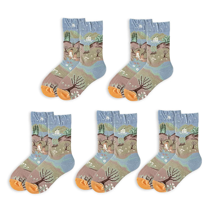 Anysox 5 Pairs Size 5-9 Fashion Long Sock Cartoon Personalized Nature Black Yellow Tulips For Men Woman Foot Cold Winter Warm Comfortable Accessories