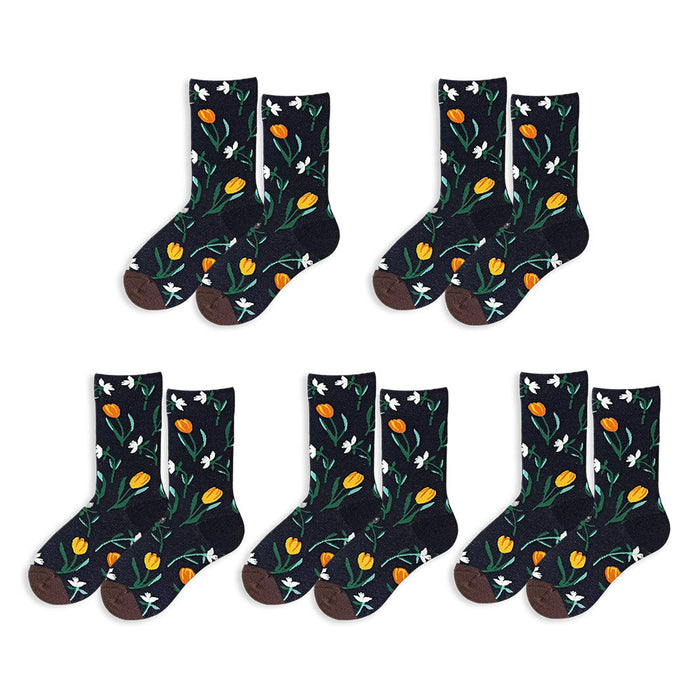 Anysox 5 Pairs Size 5-9 Fashion Long Sock Cartoon Personalized Creative Nature Water Print For Men Woman Foot Cold Winter Warm Comfortable Accessories