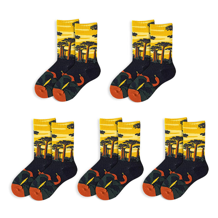 Anysox 5 Pairs Size 5-9 Fashion Long Sock Cartoon Personalized Nature Yellow Forest Painting For Men Woman Winter Warm Comfortable Accessories