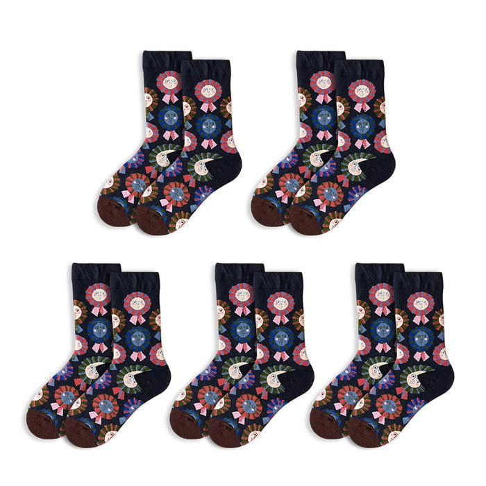 Anysox 5 Pairs Size 5-9 of Fashion Long Sock Cartoon Personalized Nature Sun Flower Face Emotions For Men Woman Winter Warm Comfortable Accessories