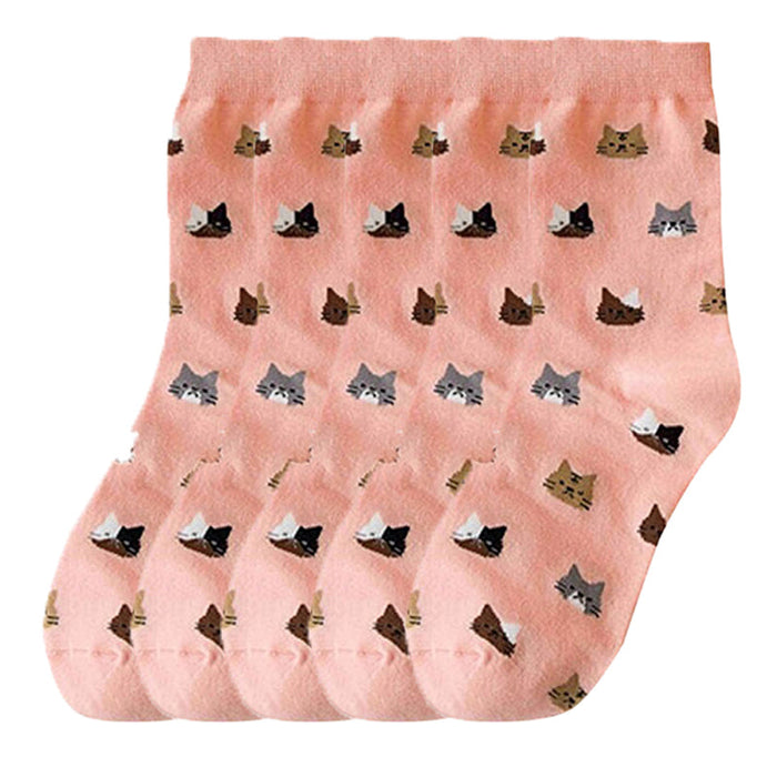 Anysox 5 Pairs Size 5-9 Fashion Socks Thick Warm Cotton Cute Cartoon Cat Animal Ankle Short Casual for Ladies Girls Christmas Gifts Pink