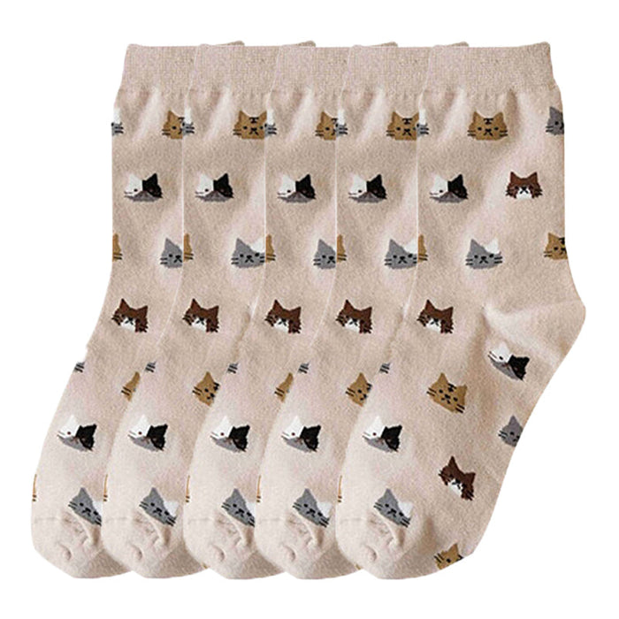 Anysox 5 Pairs Size 5-9 Fashion Socks Thick Warm Cotton Cute Cartoon Cat Animal Ankle Short Casual for Ladies Girls Christmas Gifts Beige