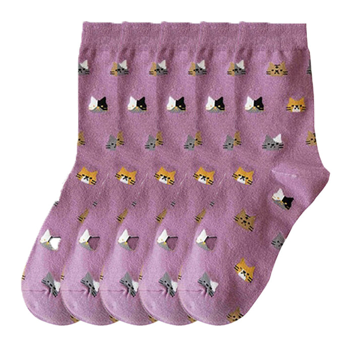 Anysox 5 Pairs Size 5-9 Fashion Socks Thick Warm Cotton Cute Cartoon Cat Animal Ankle Short Casual for Ladies Girls Christmas Gifts Purple