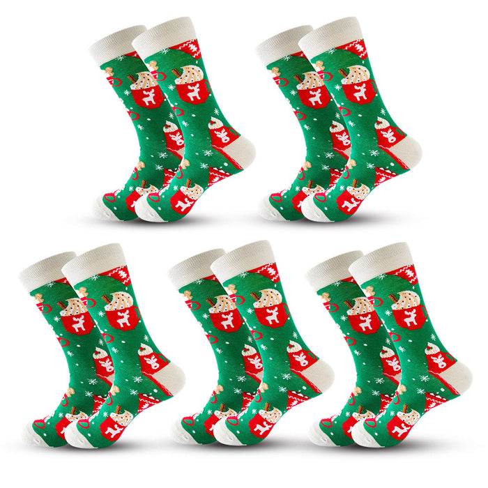 Anysox 5 Pairs White Green Size 5-13 Socks Crystal Silk Tide Mug Winter Holiday Design Plus Snowflake Stocking Comfortable To Wear Perfect For Women