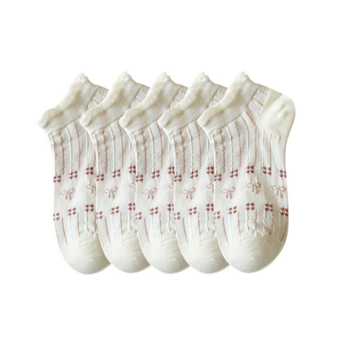 Anysox 5 Pairs One Size 35-40 Summer Short Boat Invisible Chaussette Cherry Ribbon Cotton Ankle  Breathable Women Sock