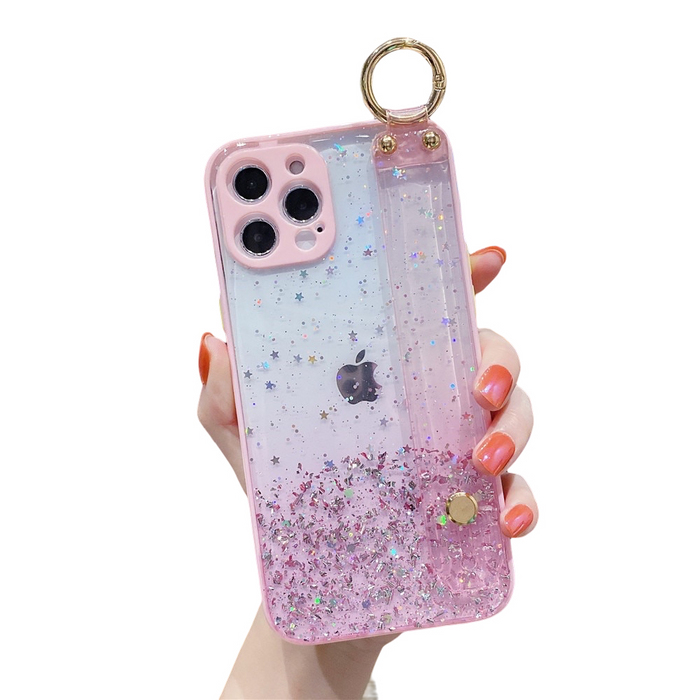 Anymob iPhone Case Pink Gradient Glitter Wristband Soft Epoxy Camera Protection Cover