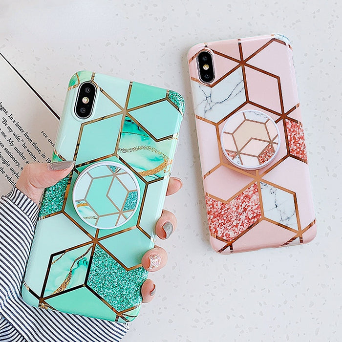 Anymob iPhone Green Marble Case Splice Plating Silicon Phone Holder Stand Cover