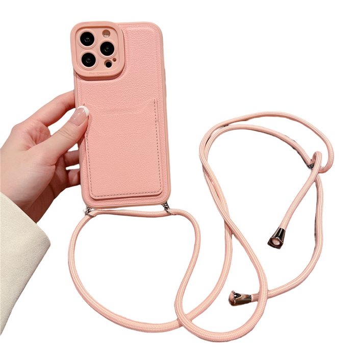 Anymob iPhone Case Pink Crossbody Necklace Strap Lanyard with Card Holder Silicone Cover