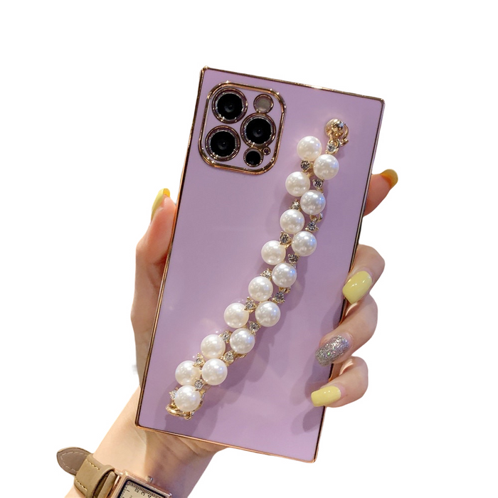 Anymob iPhone Case Purple Pearl Diamond Bracelet Square Plating Soft Chain Back Cover