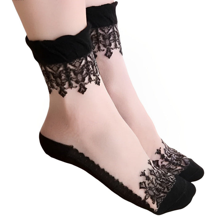 Anysox 5 Pairs Size 5-9 Fashion Socks Summer Lace Embroidery Breathable Silk Transparent Glass Crystal Stretch for Women Black