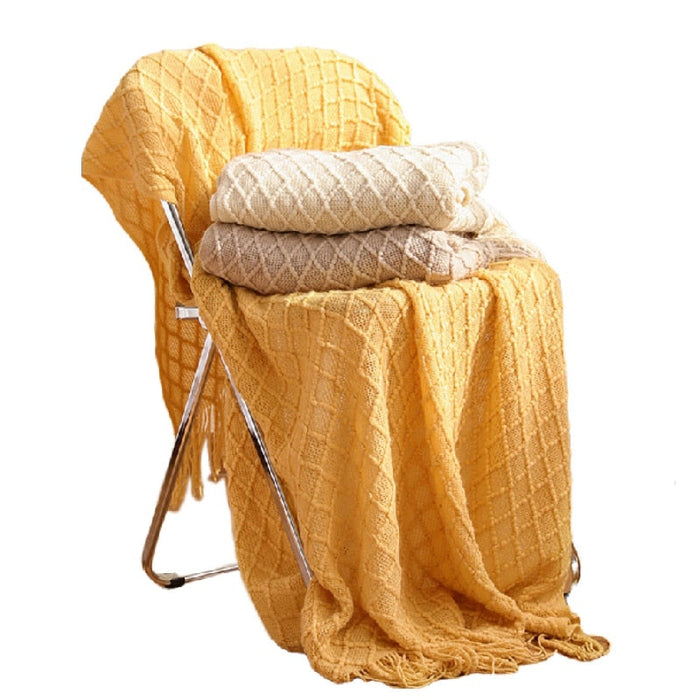 Anyhouz Yellow Blanket Faux Cashmere Sofa Cover Nordic Style Knit Plaid Throw Tassels Bedspread Golden Blanket for Spring Summer 130*230cm