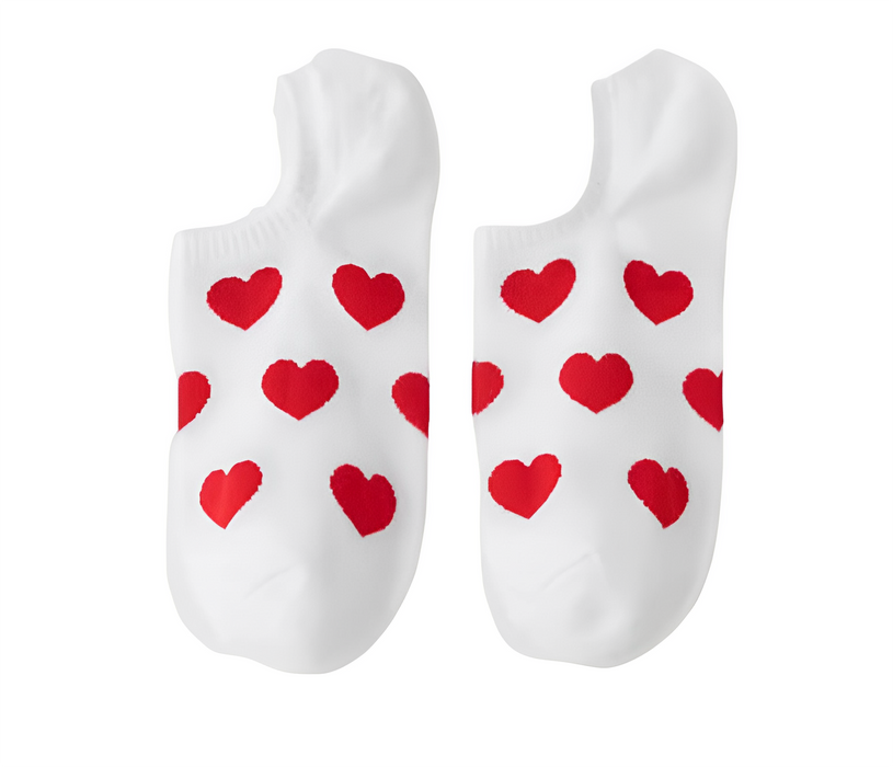 Anysox 5 Pairs Size 36-39 White with Red Hearts Fashion Socks High Quality Breathable Cotton Foor Wear for Ladies