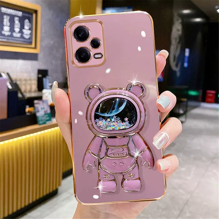 Anymob Samsung Case Pink Quicksand Space Bear Stand Phone Soft Cover Protection