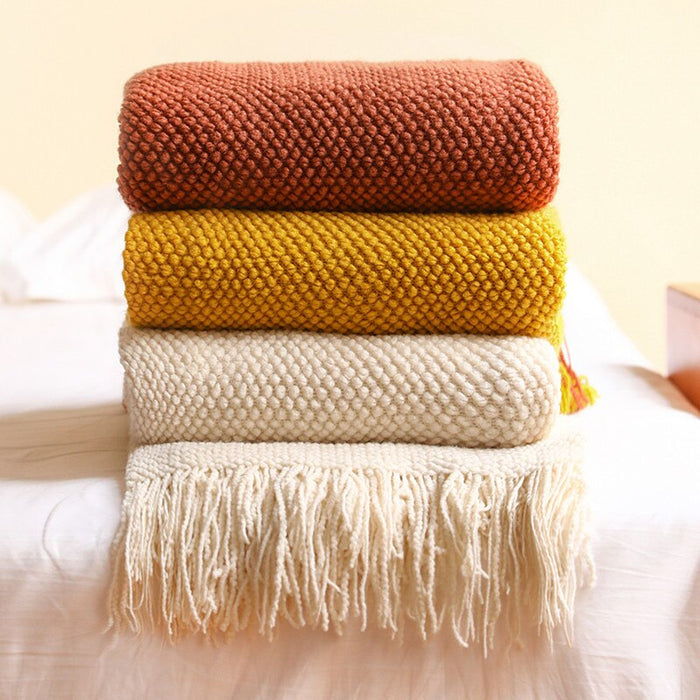 Anyhouz 130*230cm White Blanket Home Decorative Thickened Knitted Corn Grain Waffle Embossed Winter Warm Tassels Throw Bedspread