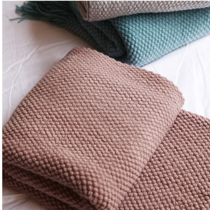 Anyhouz 130*230cm Khaki Blanket Home Decorative Thickened Knitted Corn Grain Waffle Embossed Winter Warm Tassels Throw Bedspread