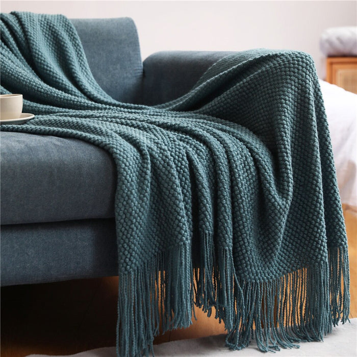 Anyhouz 127*172cm Red Blanket Home Decorative Thickened Knitted Corn Grain Waffle Embossed Winter Warm Tassels Throw Bedspread