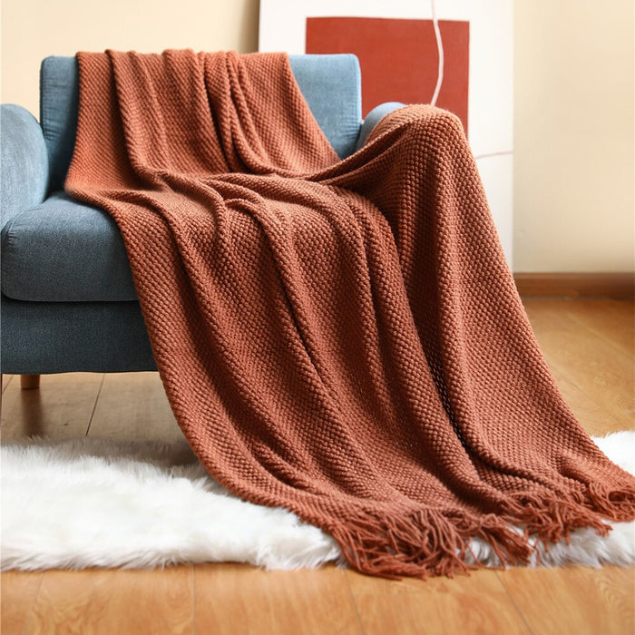 Anyhouz 130*230cm Red Blanket Home Decorative Thickened Knitted Corn Grain Waffle Embossed Winter Warm Tassels Throw Bedspread