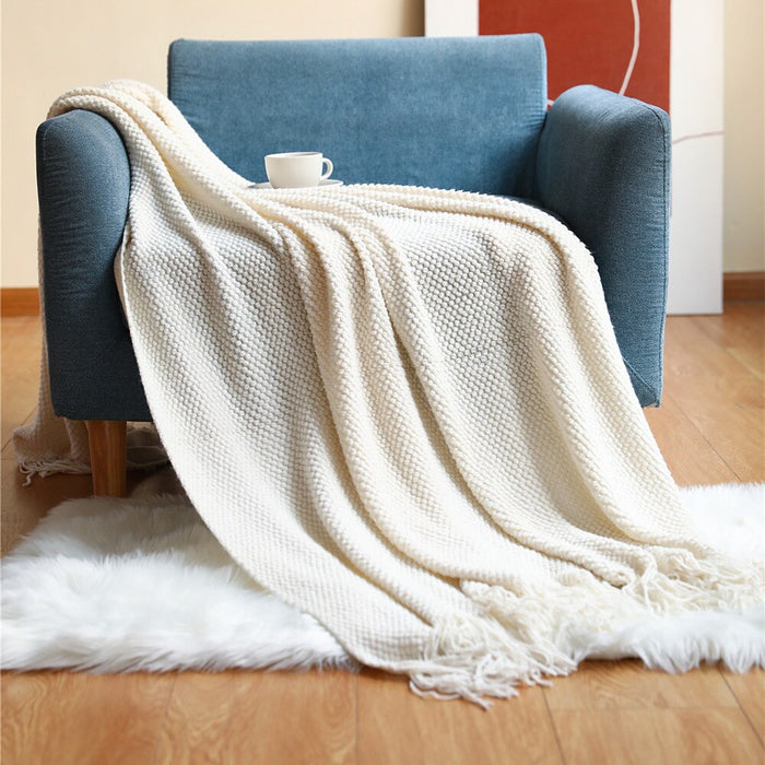 Anyhouz 127*172cm Pink Blanket Home Decorative Thickened Knitted Corn Grain Waffle Embossed Winter Warm Tassels Throw Bedspread