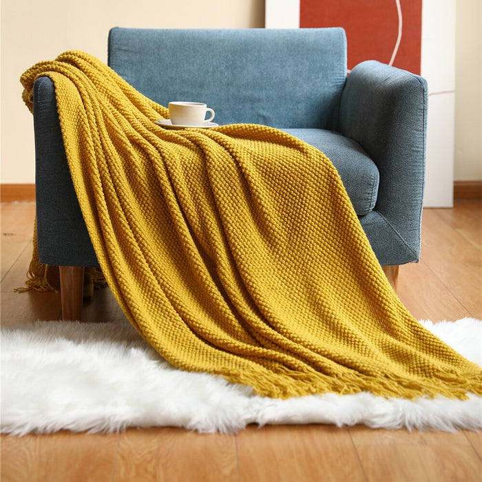 Anyhouz 127*172cm Yellow Blanket Home Decorative Thickened Knitted Corn Grain Waffle Embossed Winter Warm Tassels Throw Bedspread