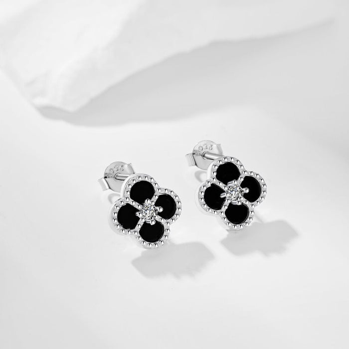 Anyco Earrings Silver Black 925 Sterling Clover Earrings Jewelry Women Diamond Cubic Zirconia Earring