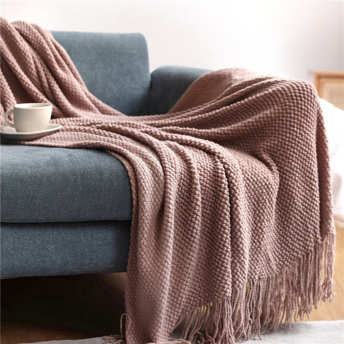 Anyhouz 127*172cm Pink Blanket Home Decorative Thickened Knitted Corn Grain Waffle Embossed Winter Warm Tassels Throw Bedspread