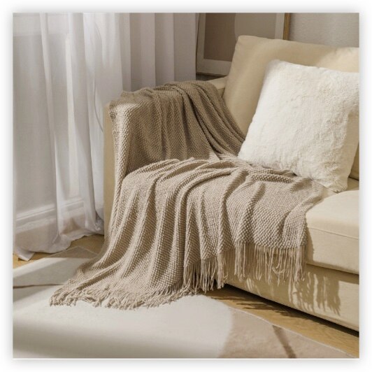 Anyhouz 127*172cm Khaki Blanket Home Decorative Thickened Knitted Corn Grain Waffle Embossed Winter Warm Tassels Throw Bedspread