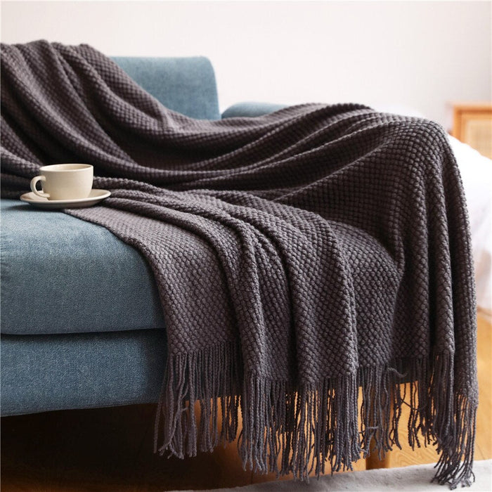 Anyhouz 127*172cm Dark Gray Blanket Home Decorative Thickened Knitted Corn Grain Waffle Embossed Winter Warm Tassels Throw Bedspread