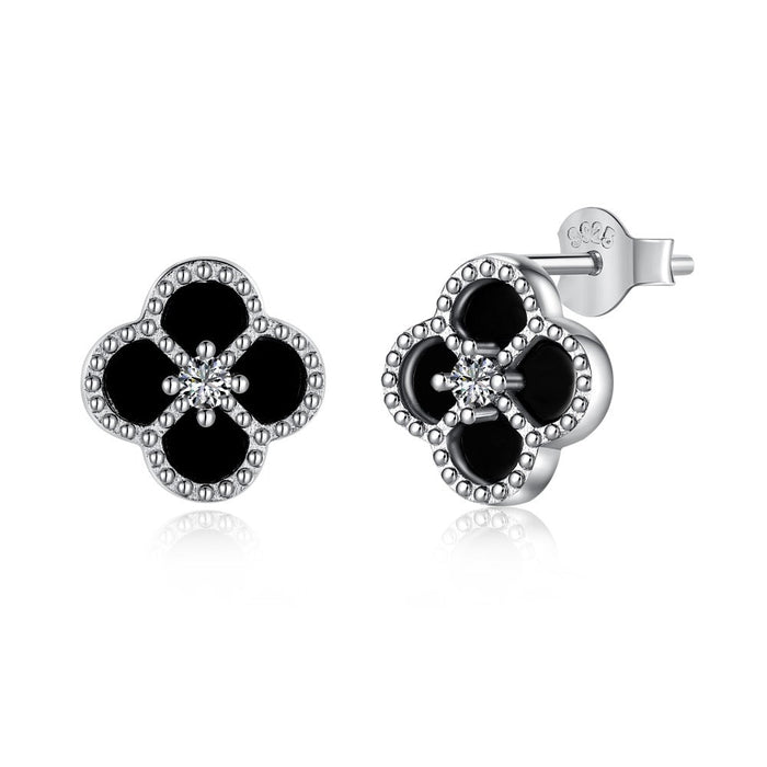 Anyco Earrings Silver Black 925 Sterling Clover Earrings Jewelry Women Diamond Cubic Zirconia Earring