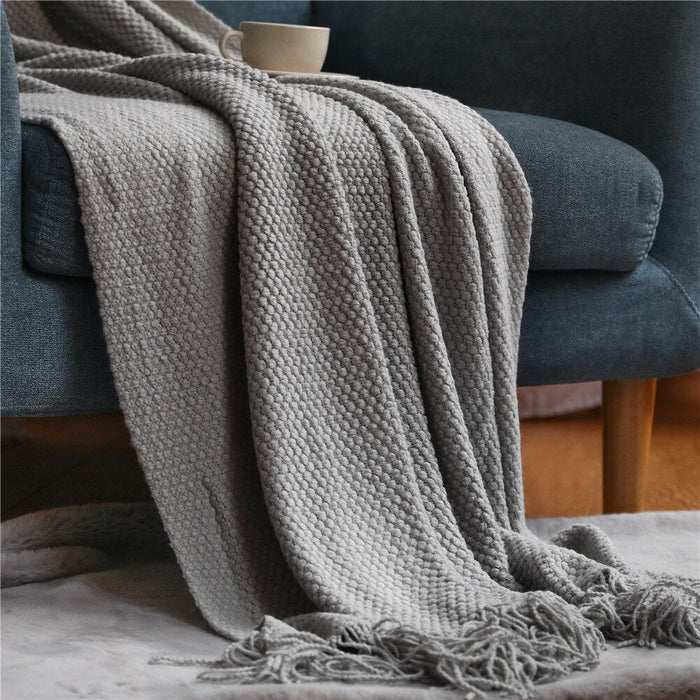 Anyhouz 130*230cm Light Gray Blanket Home Decorative Thickened Knitted Corn Grain Waffle Embossed Winter Warm Tassels Throw Bedspread