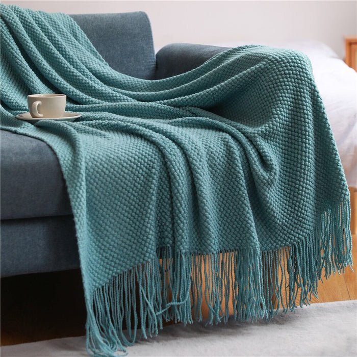 Anyhouz 127*172cm Light Green Blanket Home Decorative Thickened Knitted Corn Grain Waffle Embossed Winter Warm Tassels Throw Bedspread