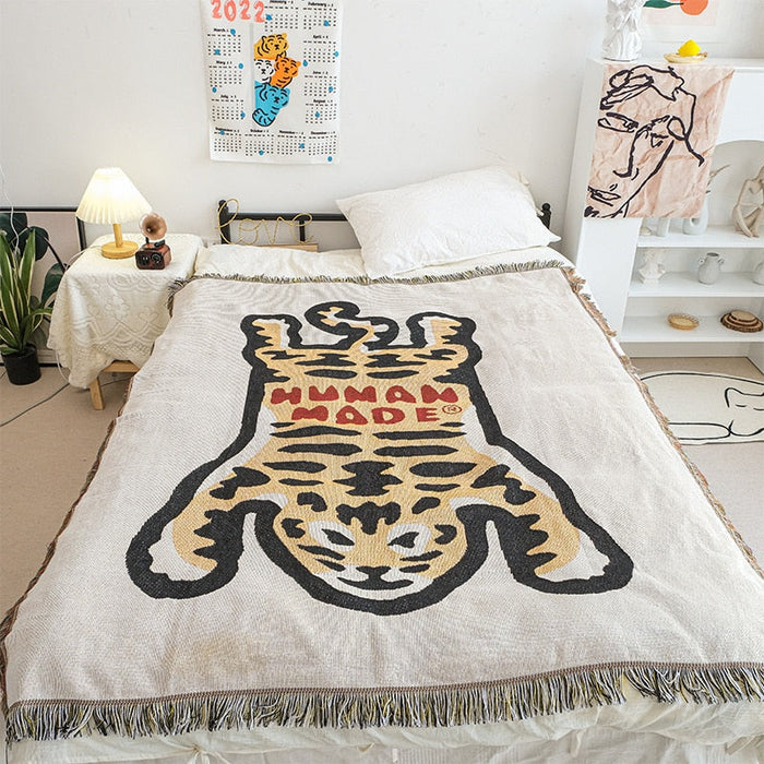 Anyhouz Yellow Blanket Human Made Sofa Thick Outdoor Camping Mat Tiger Pattern Home Decorate Tapestry Nap Blanket