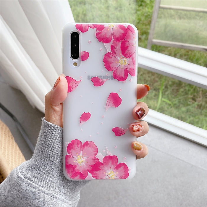 Anymob Samsung Case Pink Flower Vintage Relief Flower Phone Matte Soft Silicone Back Cover