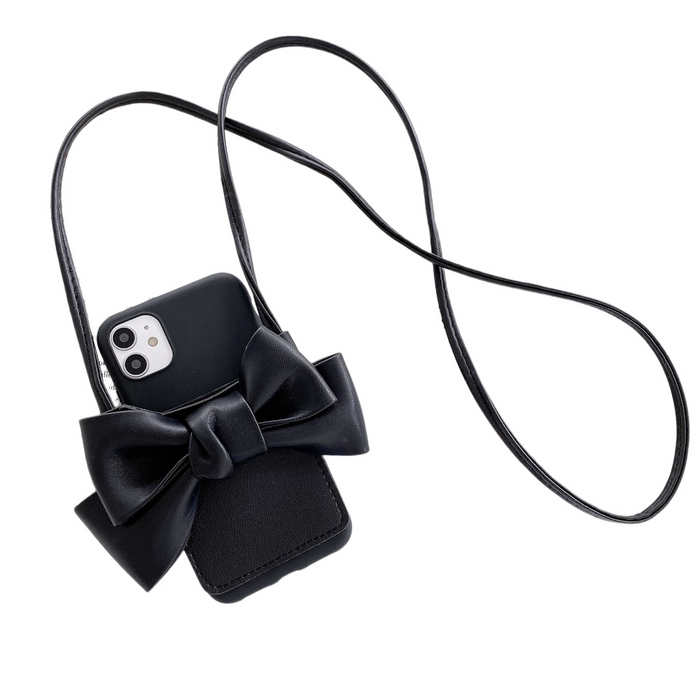 Anymob iPhone Case Black Fashion Bow Card Holder Crossbody Lanyard Strap Soft Silicone Cover
