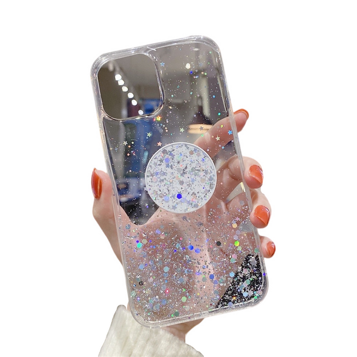 Anymob iPhone Case White Transparent Glitter Silicone Holder Stand Shell