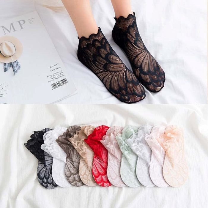 Anysox 5 Pairs One Size 4-5 White Fashion Summer Socks With Style Lace Peacock Flower Short Ankle Socks For Women