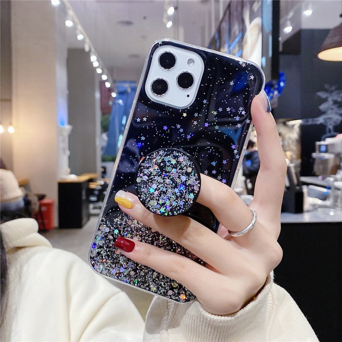 Anymob iPhone Case Black Transparent Glitter Silicone Holder Stand Shell