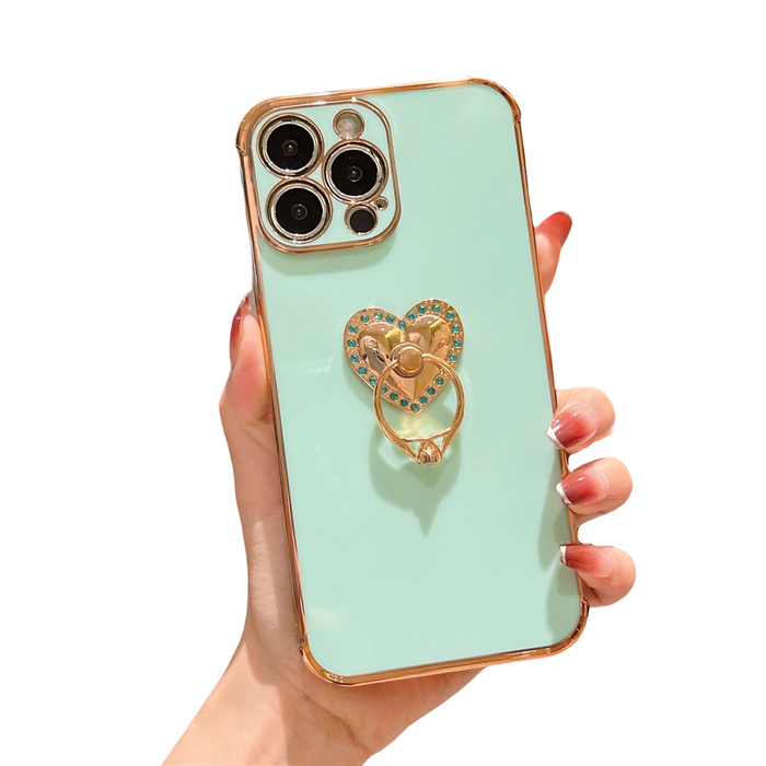 Anymob iPhone Case Mint Green Plating Love Heart Ring Holder Kickstand Soft Silicone Cover