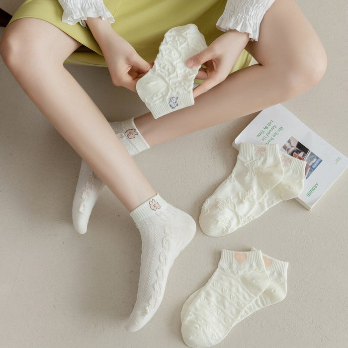 Anysox 5 Pairs One Size 35-40 Women Socks Summer Cute Cartoon Heart Print White Female Casual Socks