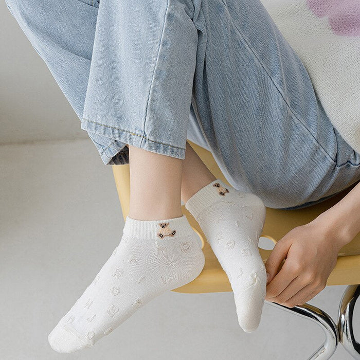 Anysox 5 Pairs One Size 35-40 Women Socks Summer Cute Cartoon Heart Print White Female Casual Socks