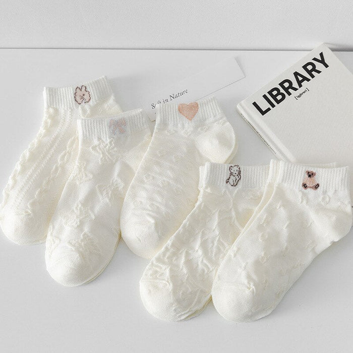 Anysox 5 Pairs One Size 35-40 Women Socks Summer Cute Cartoon Heart Print White Female Casual Socks