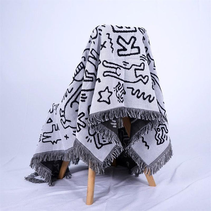 Anyhouz Jacquard Weave Graffiti Throw Blanket Cozy Sofa Couch Bed Cover Outdoor Camping Mat Home Decor Tapestry with Tassel