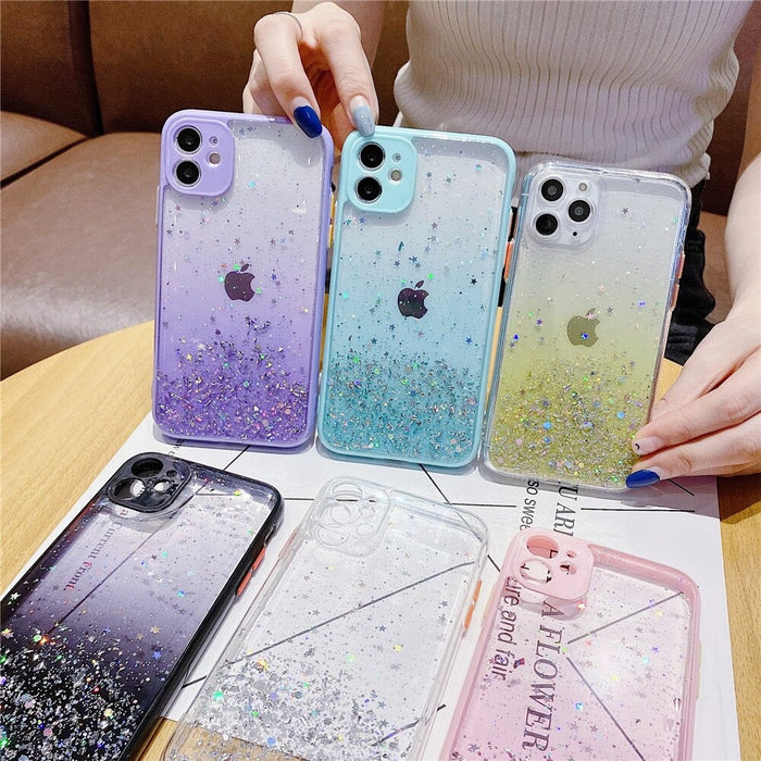 Anymob iPhone Case Pink Luxury Glitter Sequins Camera Protection Silicone For 13 11 12 Pro Max XR XS Max 7 8 Plus SE 2020