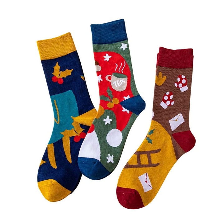 Anysox 3 Pairs One Size 4-5 Art Holiday Socks Fashion Combed Cotton Gift Party Happy Funny Socks