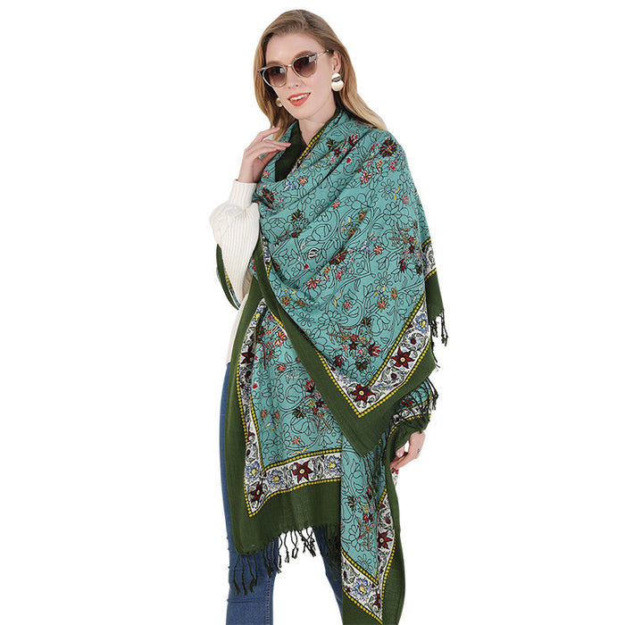 Anyyou 100% Merino Wool Cyan And Flowers  Silk Satin Large Winter Scarf Pashmina Shawl Bandana Perfect For Women Ladies Fashion Style